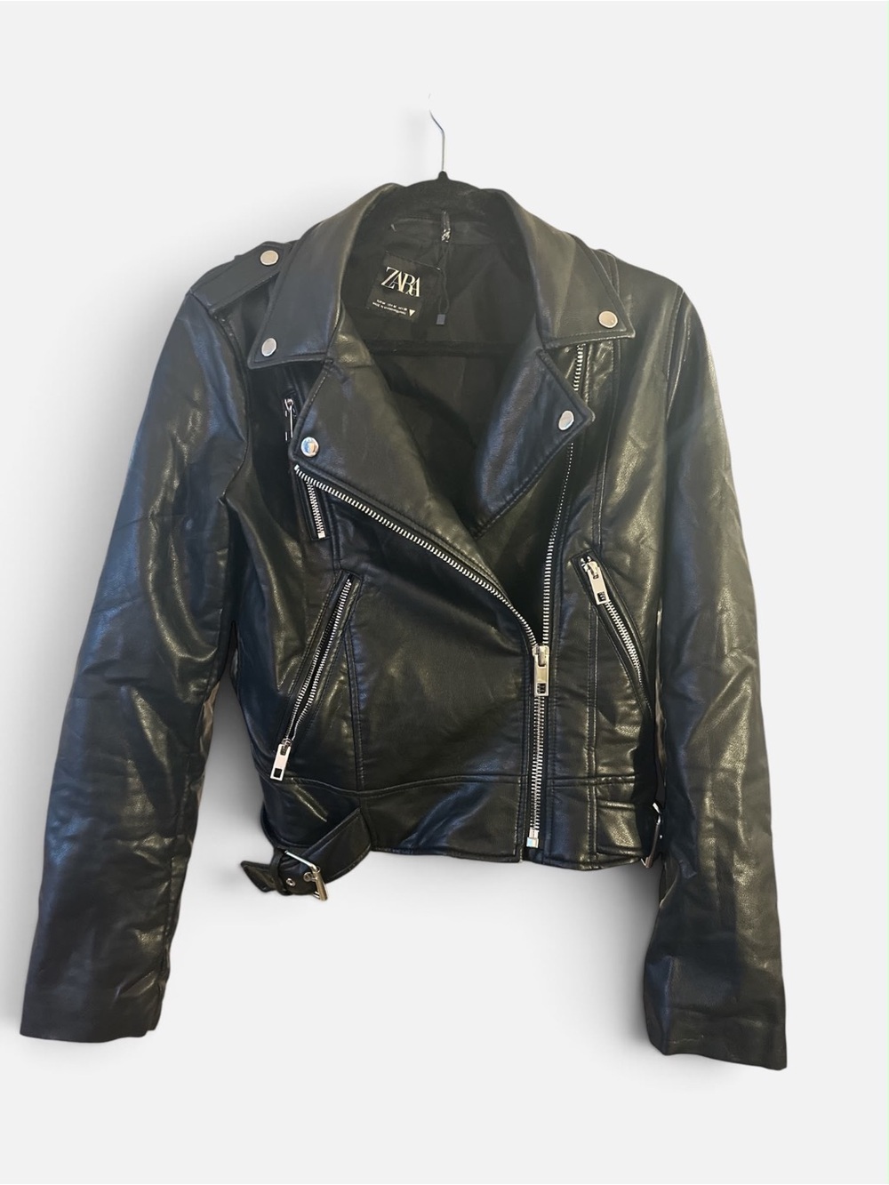 Zara Black Leather Asymmetrical Moto Jacket